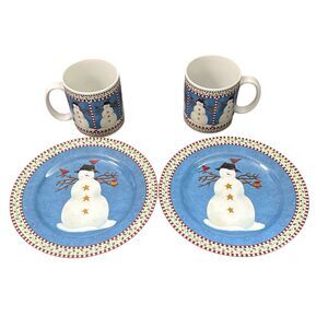 Vintage Debbie Mumm Sakura Snowmen Coffee Mug And Salad Plate Set